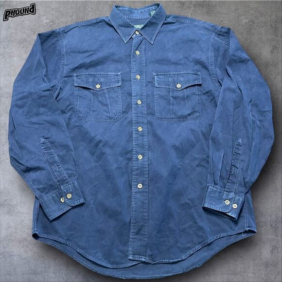 Lands End Shirt Mens Large Blue Button Front Workwear Utility Double Pocket USA - Picture 1 of 10